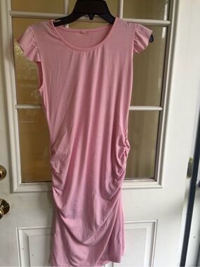 Pink Ruched Casual Midi Maternity Dress